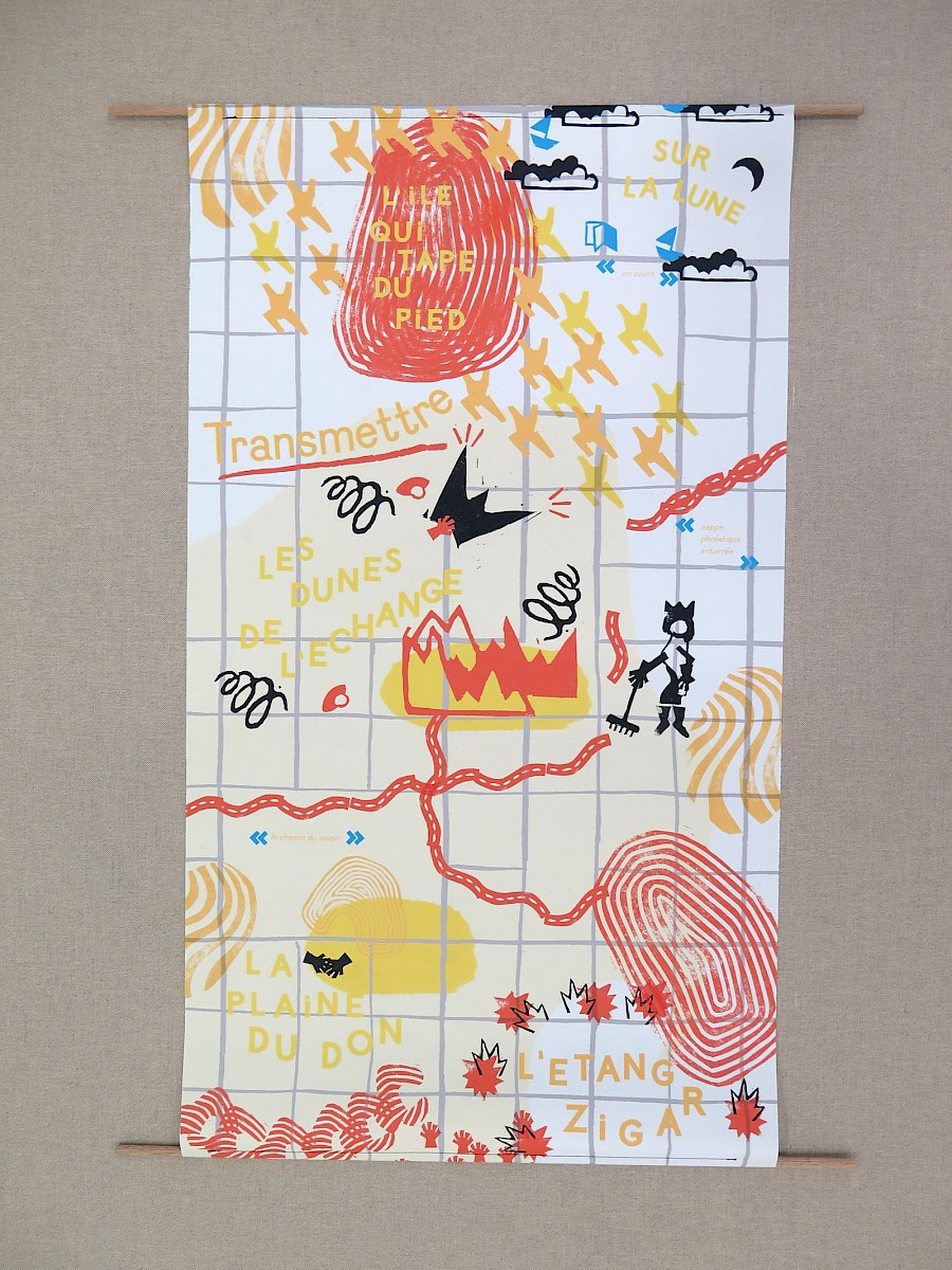 Poster with illustrations and text on a hand-drawn background.