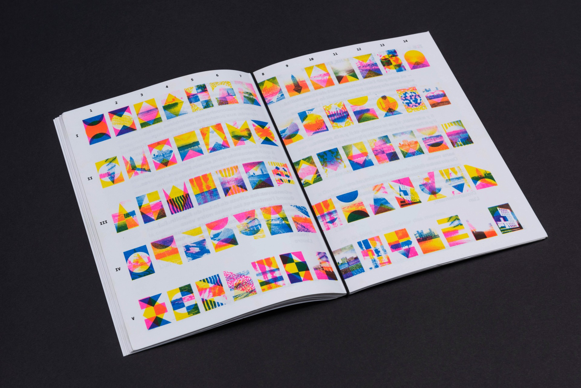 Double page printed in risography with yellow, pink and blue inks