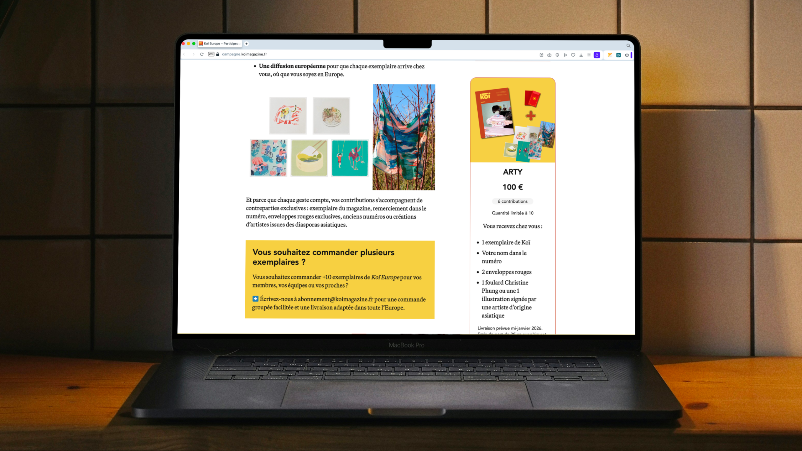 Aperçu de la page de campagne, avec la section argumentaire à gauche (textes, images, encadrés…) et les contreparties à droite.
