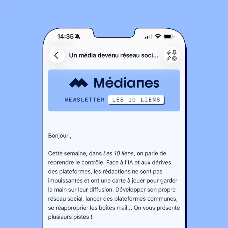 The "Les 10 liens de" newsletter displayedMédianes on a smartphone.